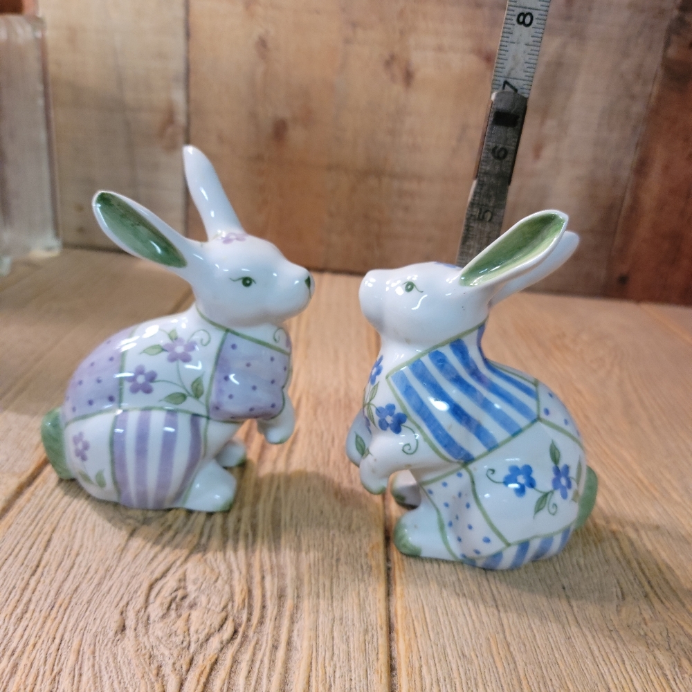 Vintage ceramic blue and white and purple and white rabbit figurines
